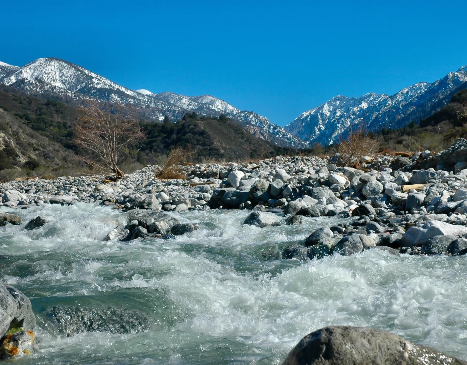 A river with rocks and snow covered mountains in the background.