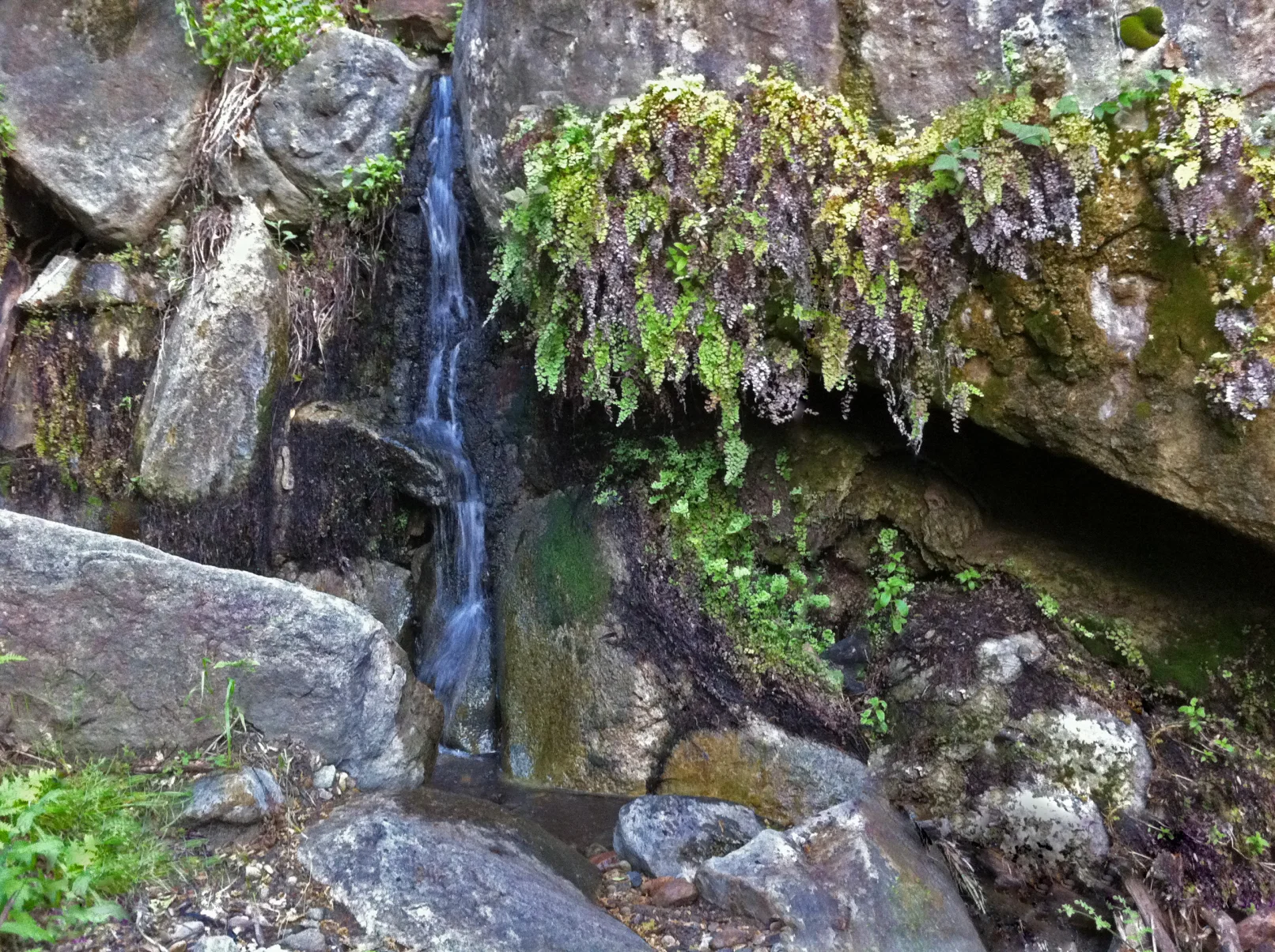 A small waterfall in the middle of a rocky area.